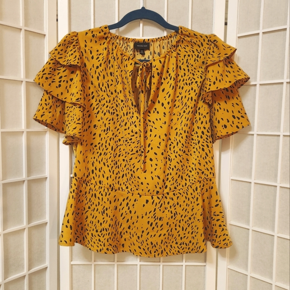 Who What Wear Mustard Yellow Black Speckled Ruffle Blouse